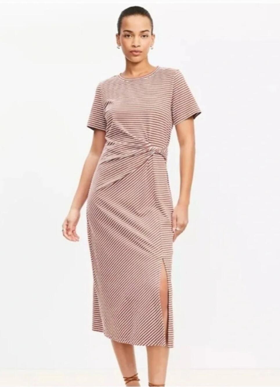 LOFT Women's Size M Striped Side-Twist Brown & White Midi Cotton T-Shirt Dress